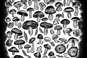 mushroom and moths, cottage core botanical scene tattoo idea
