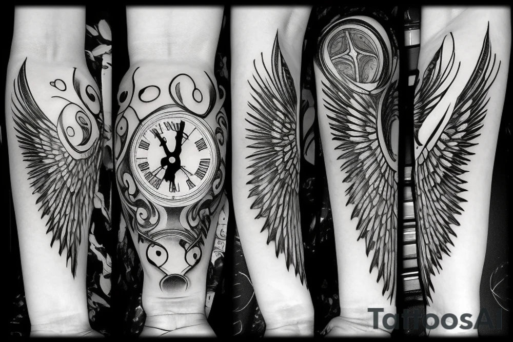 Hourglass over hands of a clock with wings tattoo idea