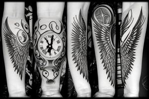 Hourglass over hands of a clock with wings tattoo idea