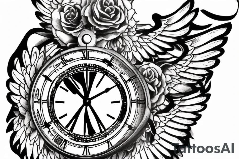 Hourglass over hands of a clock with wings tattoo idea