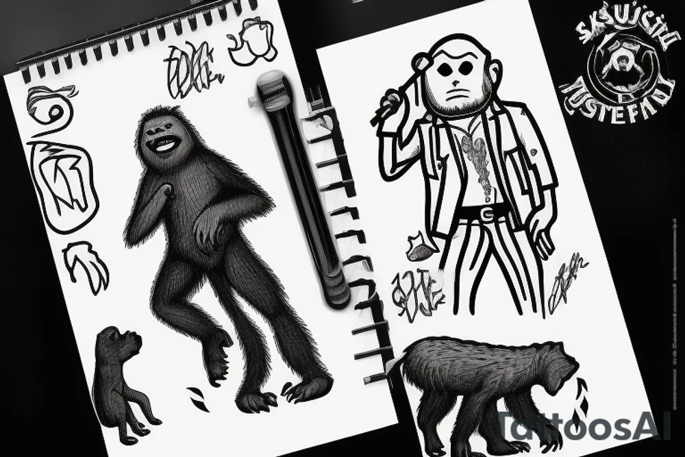 Sasquatch playing guitar to a pitbull next to a fire tattoo idea