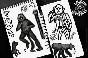 Sasquatch playing guitar to a pitbull next to a fire tattoo idea