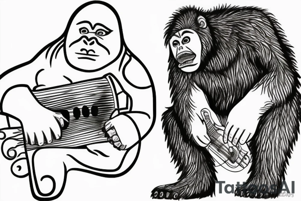 Sasquatch playing guitar to a pitbull next to a fire tattoo idea