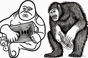 Sasquatch playing guitar to a pitbull next to a fire tattoo idea