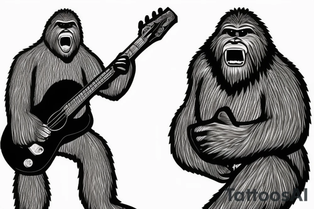 Bigfoot playing a guitar to a pitbull tattoo idea