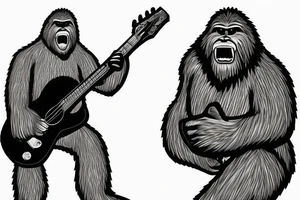 Bigfoot playing a guitar to a pitbull tattoo idea