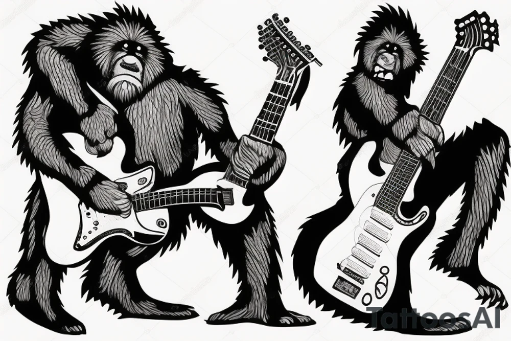 Bigfoot playing a guitar to a pitbull tattoo idea