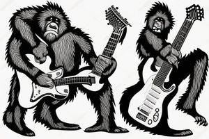 Bigfoot playing a guitar to a pitbull tattoo idea