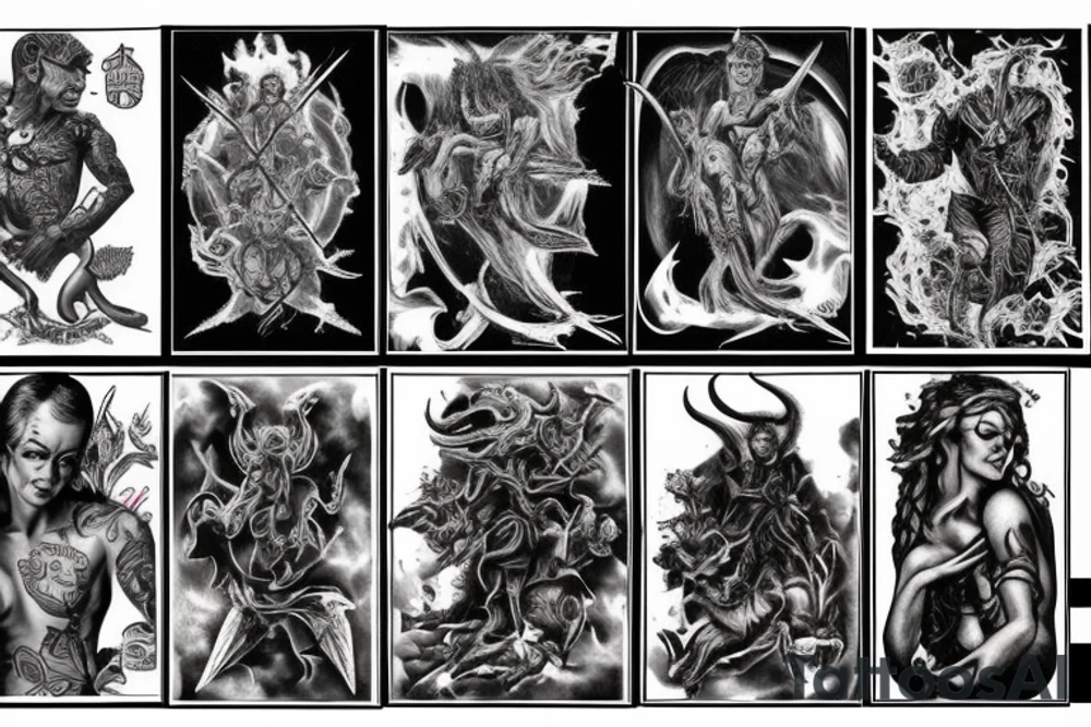 Half sleeve with good people who get sent to hell fighting off demons tattoo idea