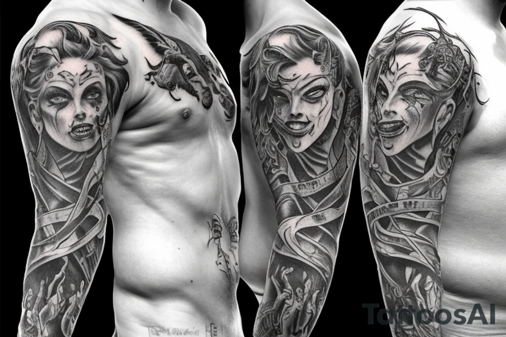 Half sleeve with good people who get sent to hell fighting off demons tattoo idea