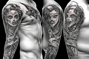 Half sleeve with good people who get sent to hell fighting off demons tattoo idea