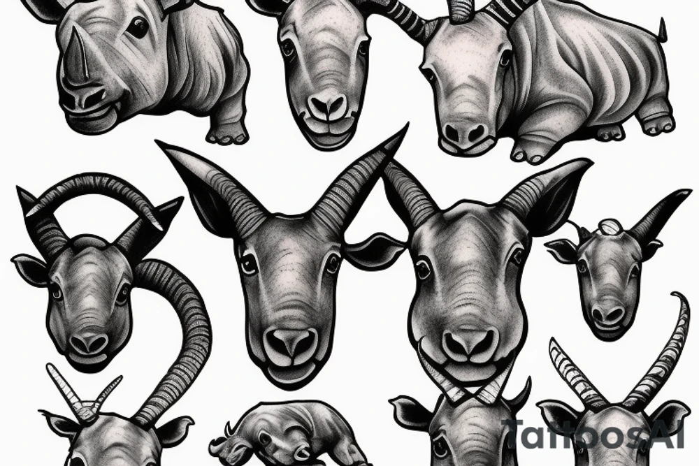 goat and rhino heads mixed tattoo idea