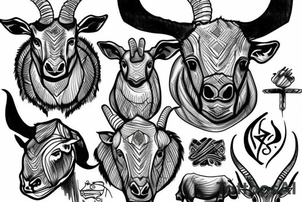 goat and rhino heads mixed tattoo idea
