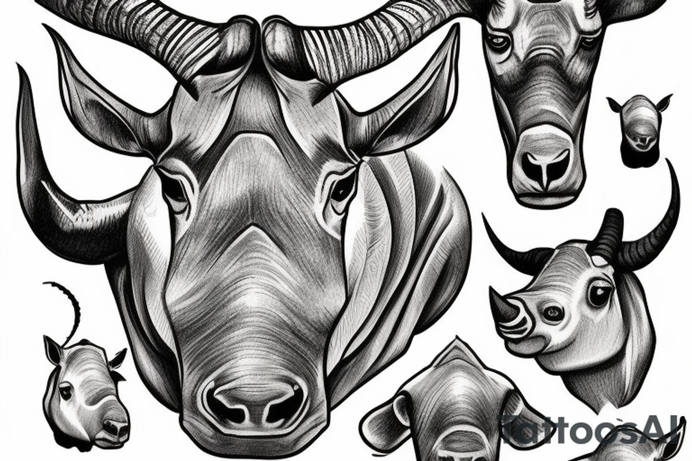 goat and rhino head mixed tattoo idea