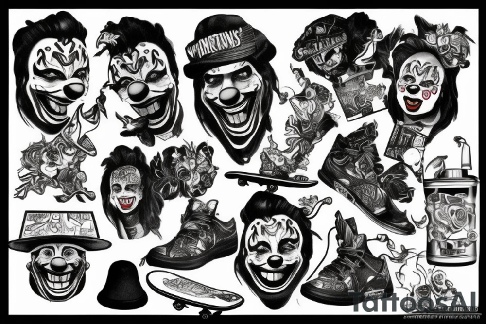 Money, lighting, skateboarding, clowns tattoo idea