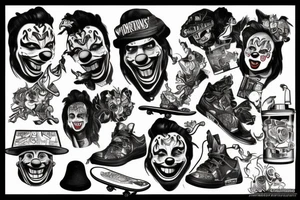 Money, lighting, skateboarding, clowns tattoo idea