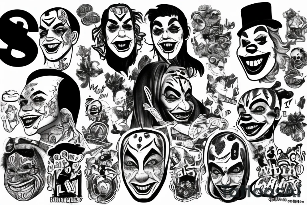 Money, lighting, skateboarding, clowns tattoo idea