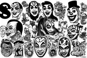 Money, lighting, skateboarding, clowns tattoo idea