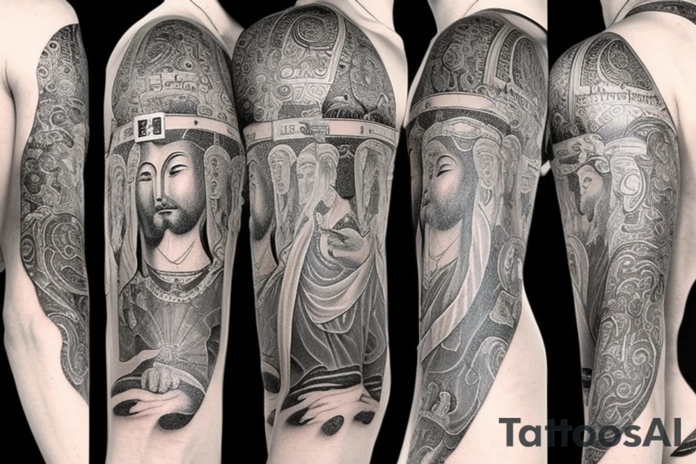 A full arm sleeve depicting both jesus and buddah. Also want to include other spiritual things like chi, chakras, mushrooms, enlightenment. tattoo idea
