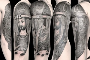 A full arm sleeve depicting both jesus and buddah. Also want to include other spiritual things like chi, chakras, mushrooms, enlightenment. tattoo idea