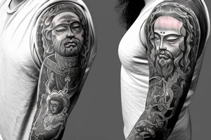 A full arm sleeve depicting both jesus and buddah. Also want to include other spiritual things like chi, chakras, mushrooms, enlightenment. tattoo idea