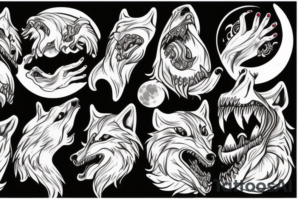 Wearwolf hooling background moon blood in mouth and hand tattoo idea