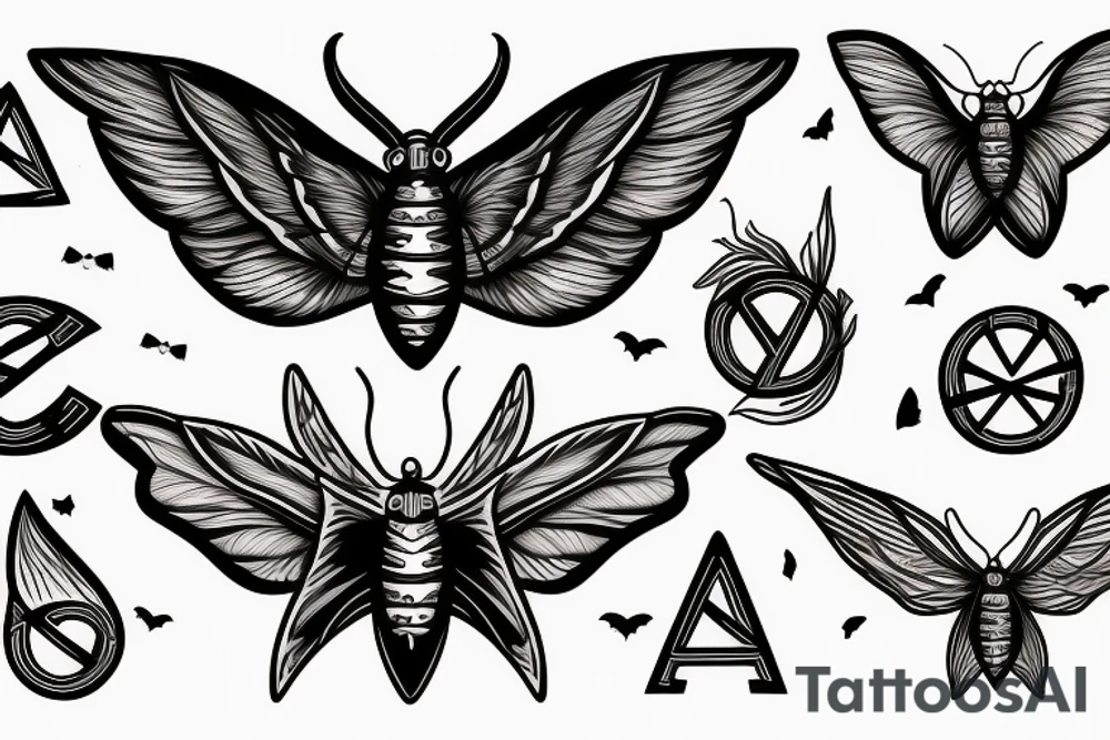 A moth with the letter G in the wings, witch symbols and the trinity tattoo idea