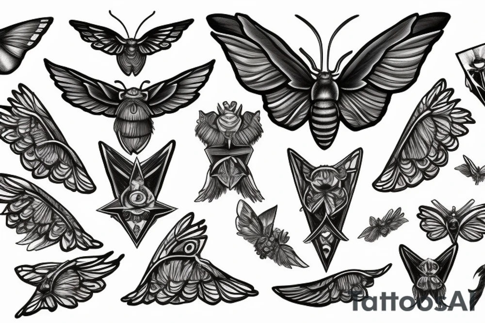 A moth with the letter G in the wings, witch symbols and the trinity tattoo idea