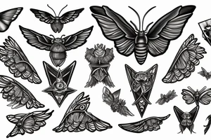 A moth with the letter G in the wings, witch symbols and the trinity tattoo idea