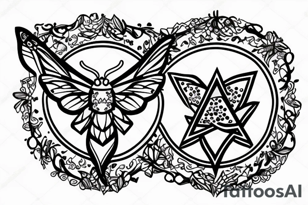 A moth with the letter G, a circle border with pentagrams tattoo idea