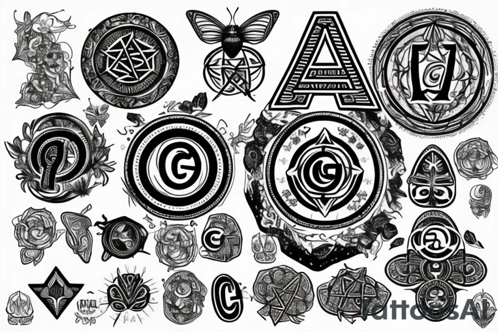 A moth with the letter G, a circle border with pentagrams tattoo idea