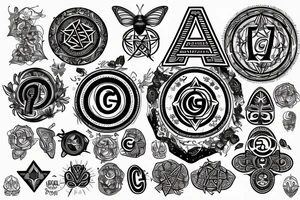 A moth with the letter G, a circle border with pentagrams tattoo idea