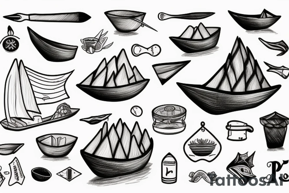 paper boat with chef instruments tattoo idea