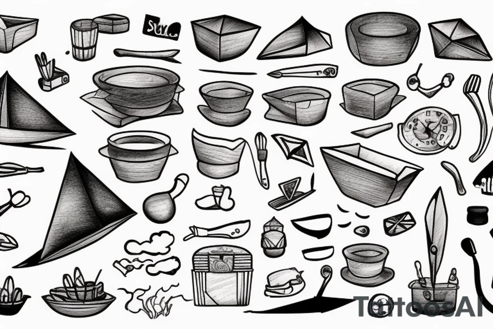 paper boat with chef instruments tattoo idea