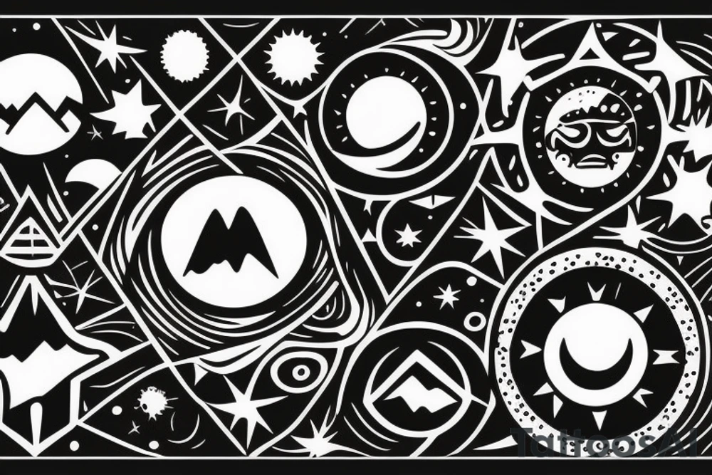 Mountain with sun and moon and star tattoo idea