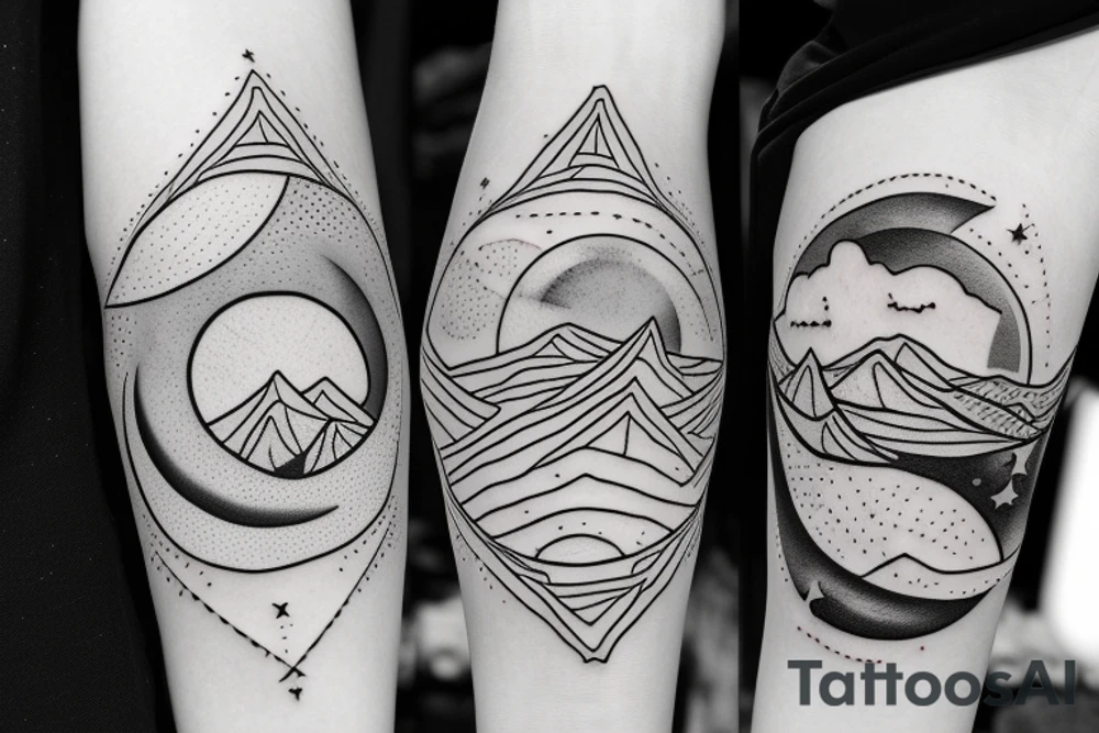 Mountain with sun and moon and star tattoo idea