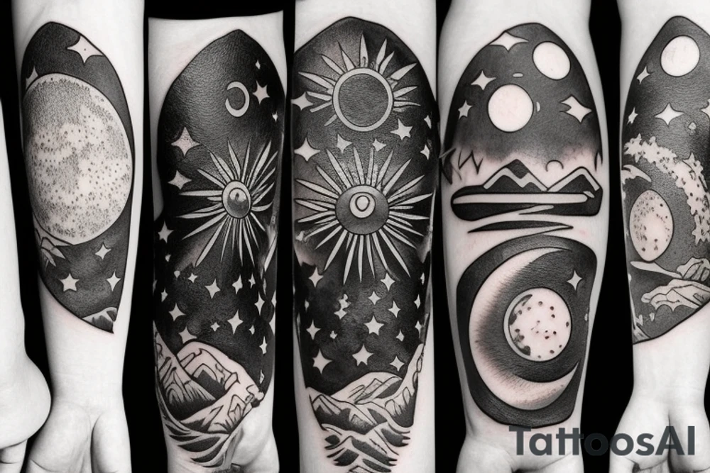 Mountain with sun and moon and stars tattoo idea