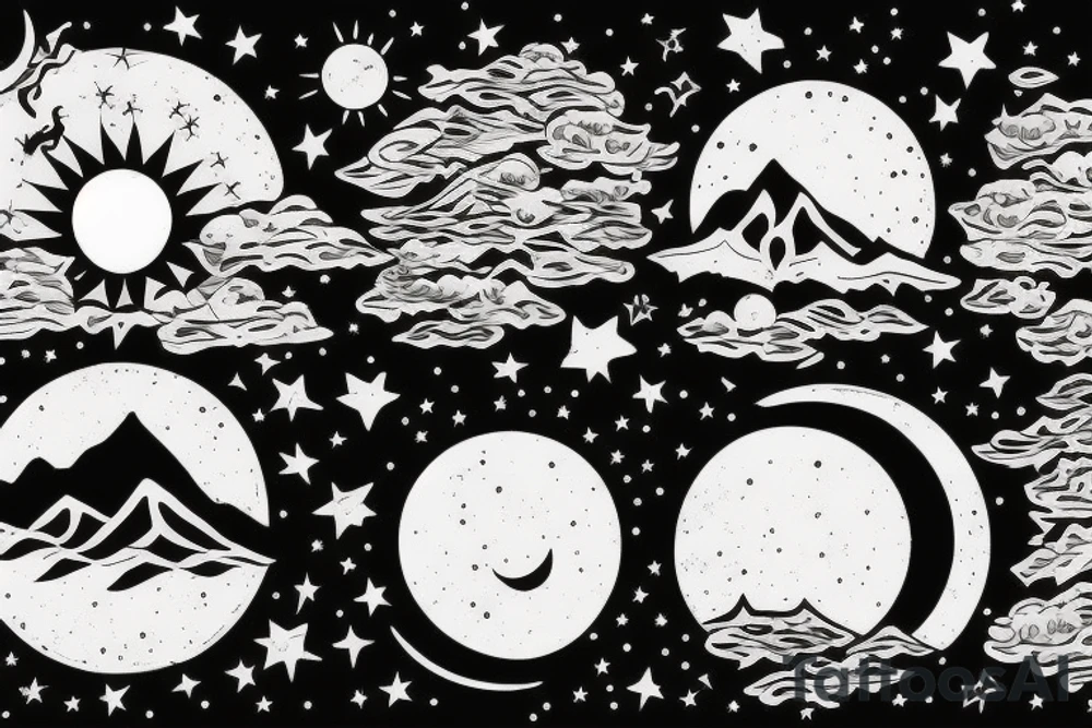 Mountain with sun and moon and stars tattoo idea