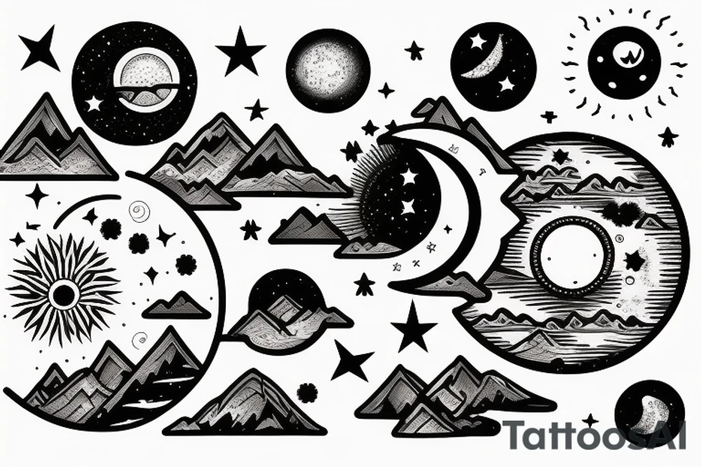 Mountain with sun and moon and stars tattoo idea