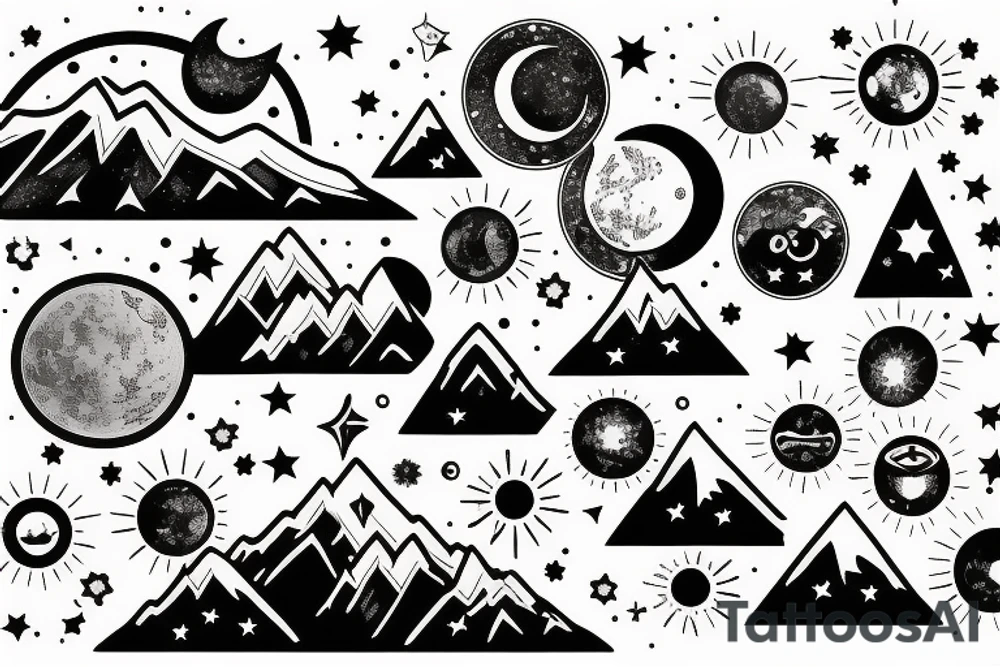 Mountain with sun and moon and stars tattoo idea