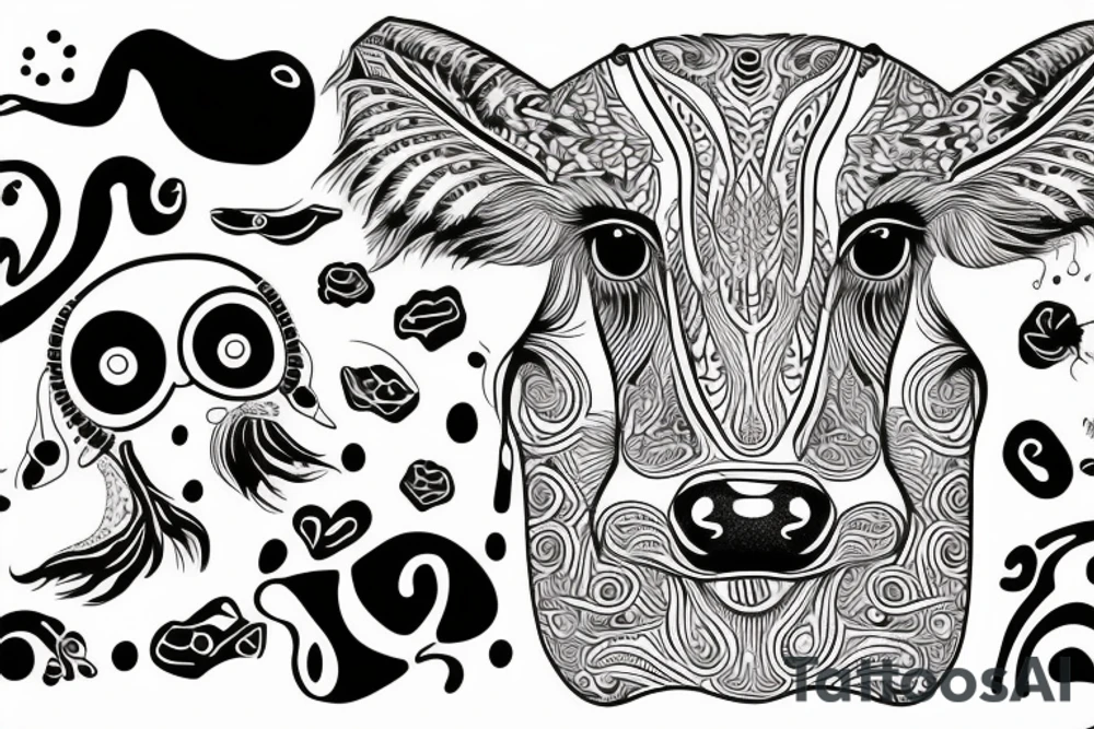 Psychedelic Cow with big glossy eyes literal tattoo idea