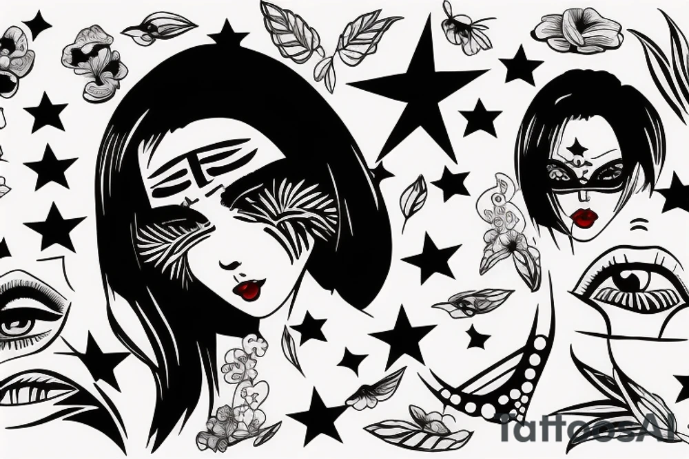 Simple 5 point Star eye patches lady naturally glamorous headshot tattoo idea