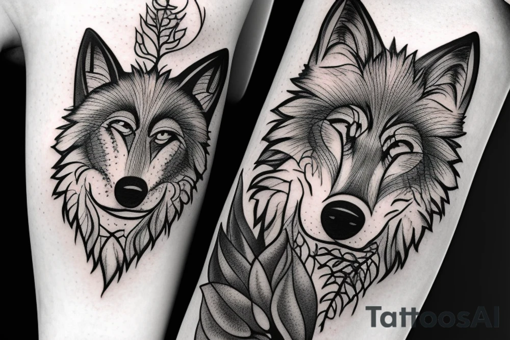 Wolf face with trees behind and lake tattoo idea
