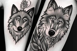 Wolf face with trees behind and lake tattoo idea