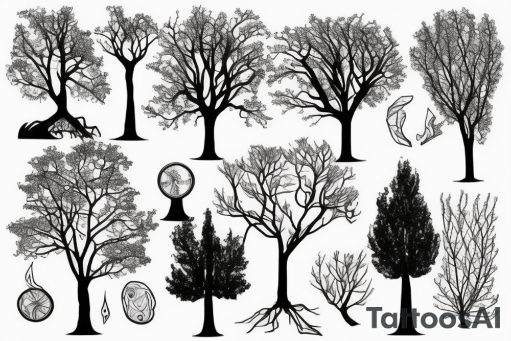 Trees with a tall thin stone that says Campbell tattoo idea