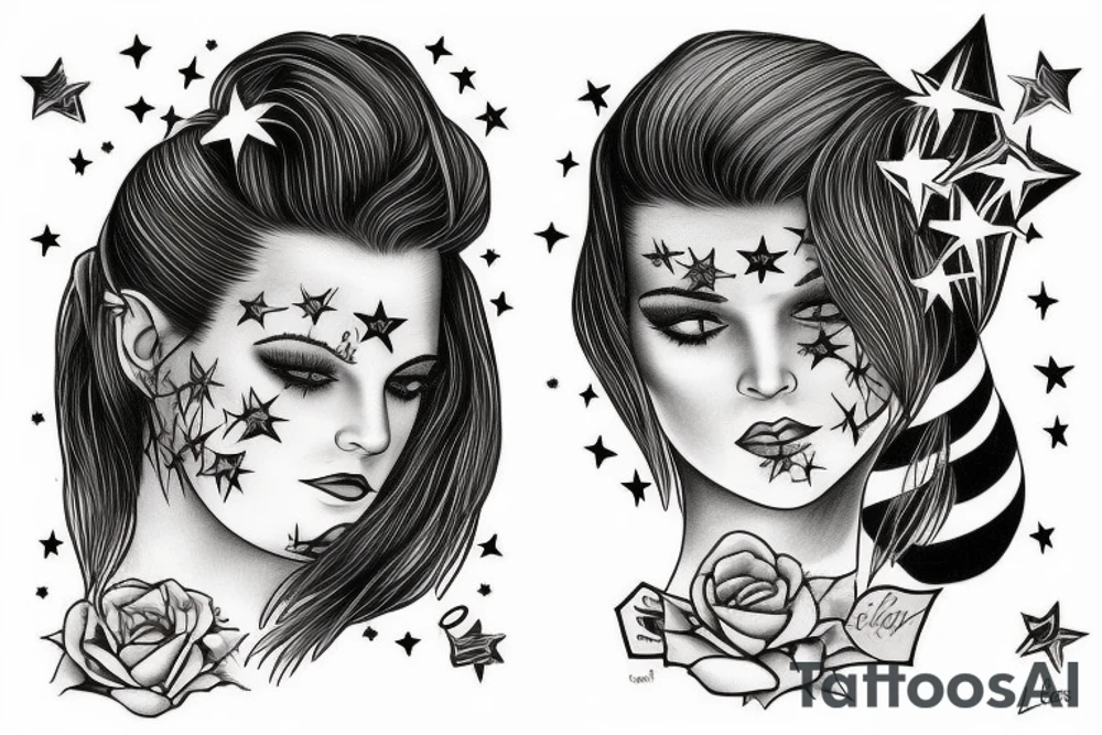 Stars over eyes lady naturally cool mullet tattoo idea