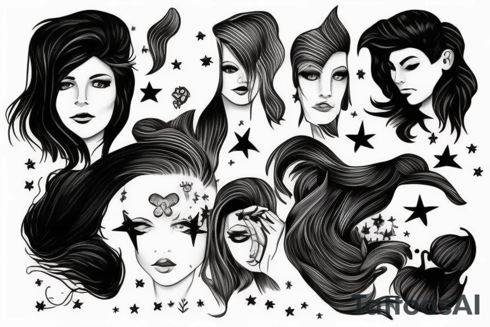 Stars over eyes lady naturally cool mullet tattoo idea