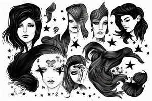 Stars over eyes lady naturally cool mullet tattoo idea