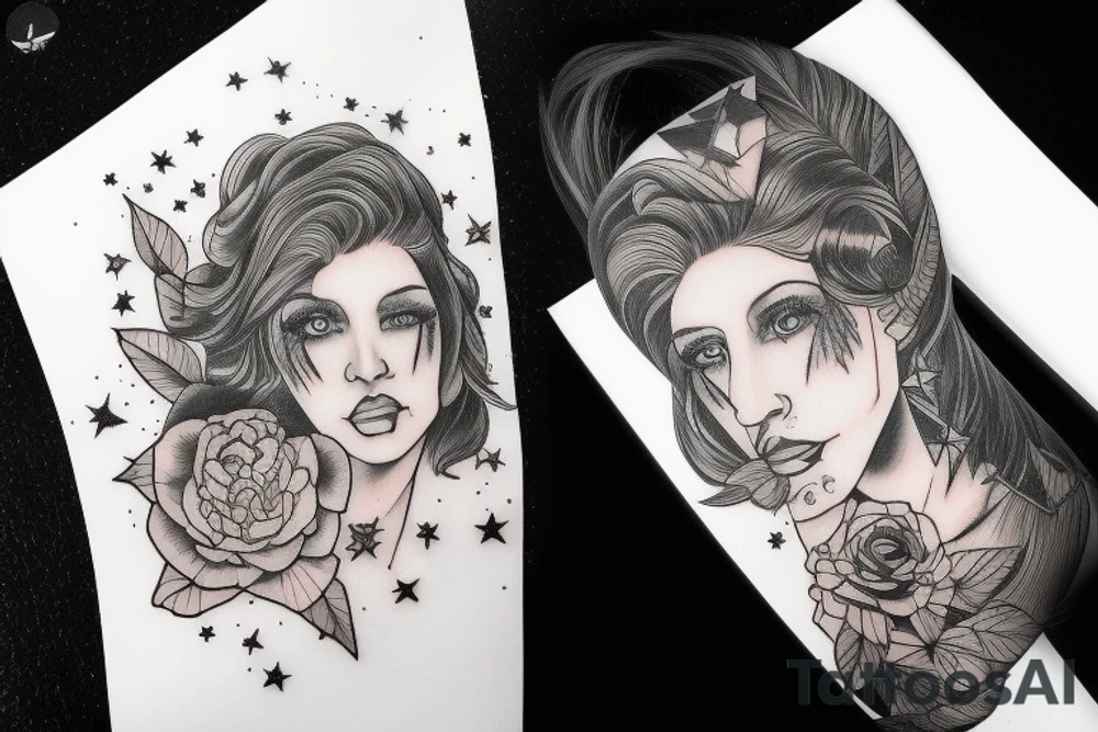 Stars over eyes lady naturally cool mullet tattoo idea