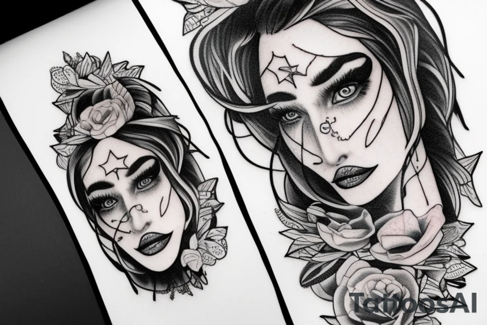 Stars over eyes lady naturally cool mullet tattoo idea
